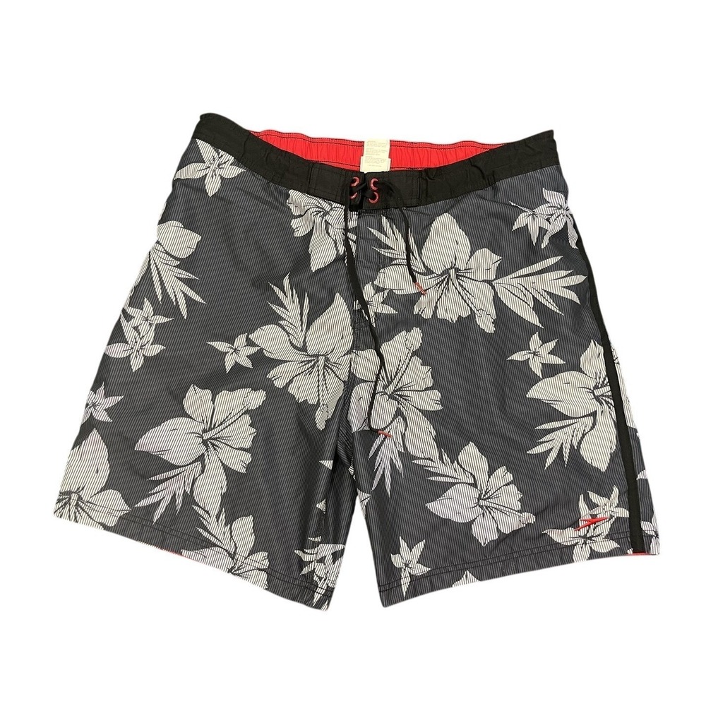 Speedo Swim Trunks Mens XL Black Floral Tropical Lined Elastic‎ Waist Pockets